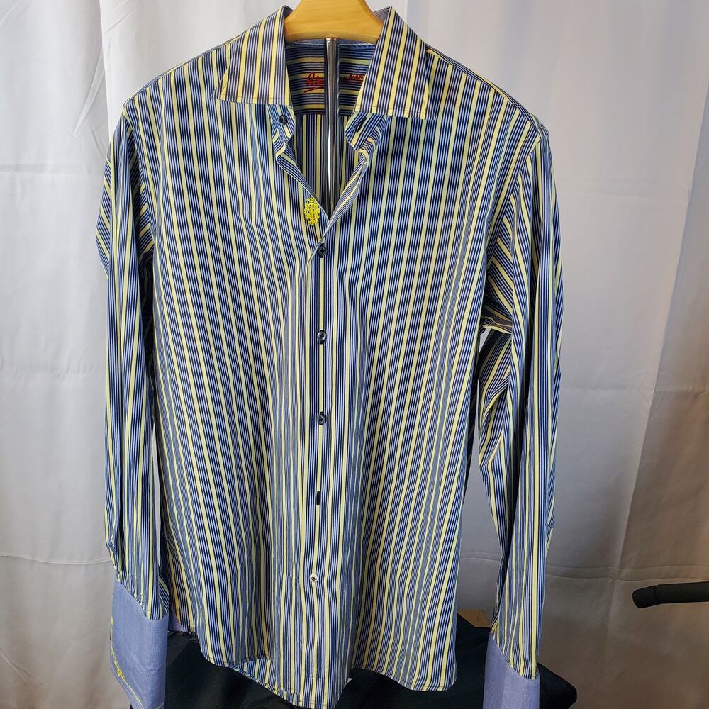 Robert Graham Dress Shirt 16 1/2 - Bold Blue/Yellow Striped with Flip-Cuff